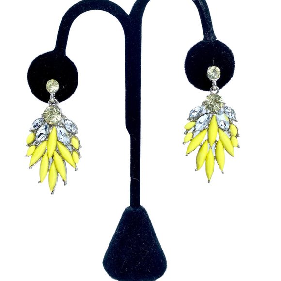 Statement Chandelier Earrings Clear and Yellow Stones Stud Post Pierced Ears - Picture 3 of 4